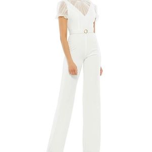 Illusion Ruffle Mock Neck Short Puff Sleeve Belt Waist Jumpsuit